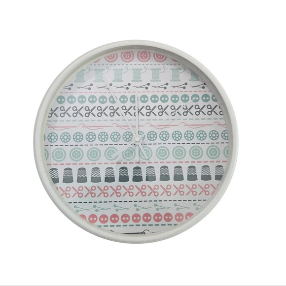Other - Sewing Theme 10.5" x 10.5" White Blue Pink Battery Round Wall Clock WORKS
